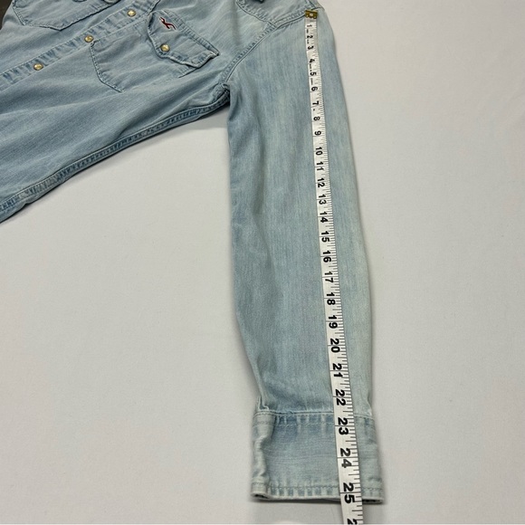 Hollister Womens Denim Pearl Snap Shirt Sz S Distressed Western Y2k - Picture 9 of 11